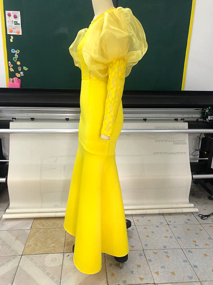 BamBam Women Lace mesh See-Through Balloon Sleeve Bodycon Maxi Dress - BamBam Clothing