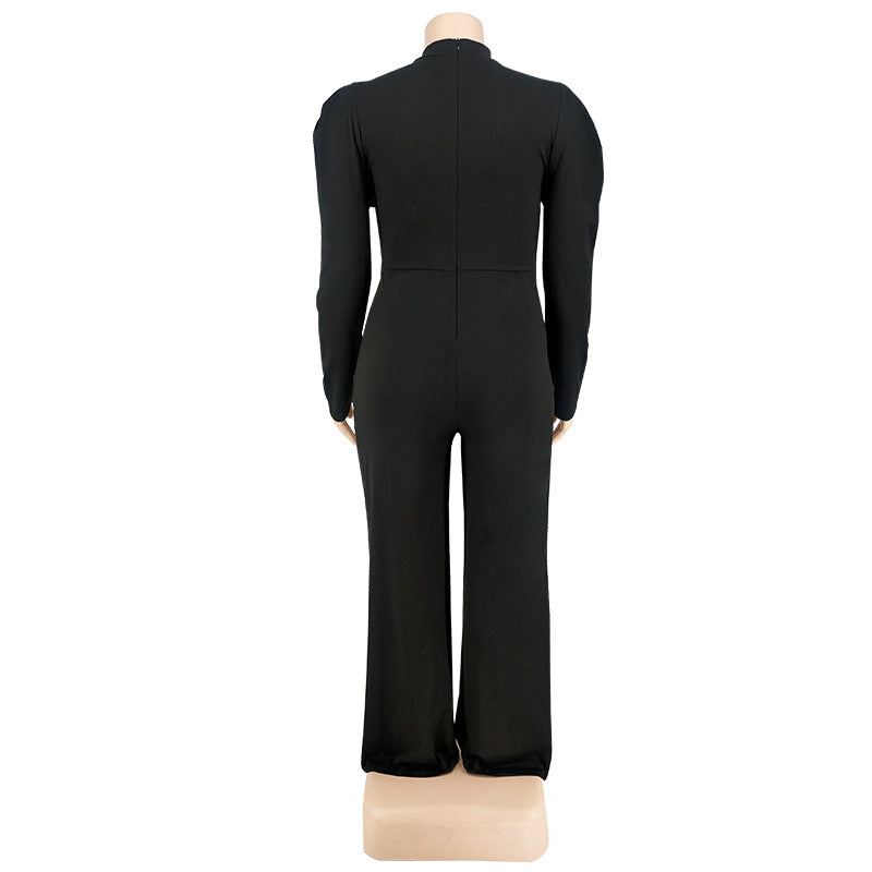 BamBam Plus Size Women Solid Color Bow Long Sleeve Jumpsuit - BamBam Clothing