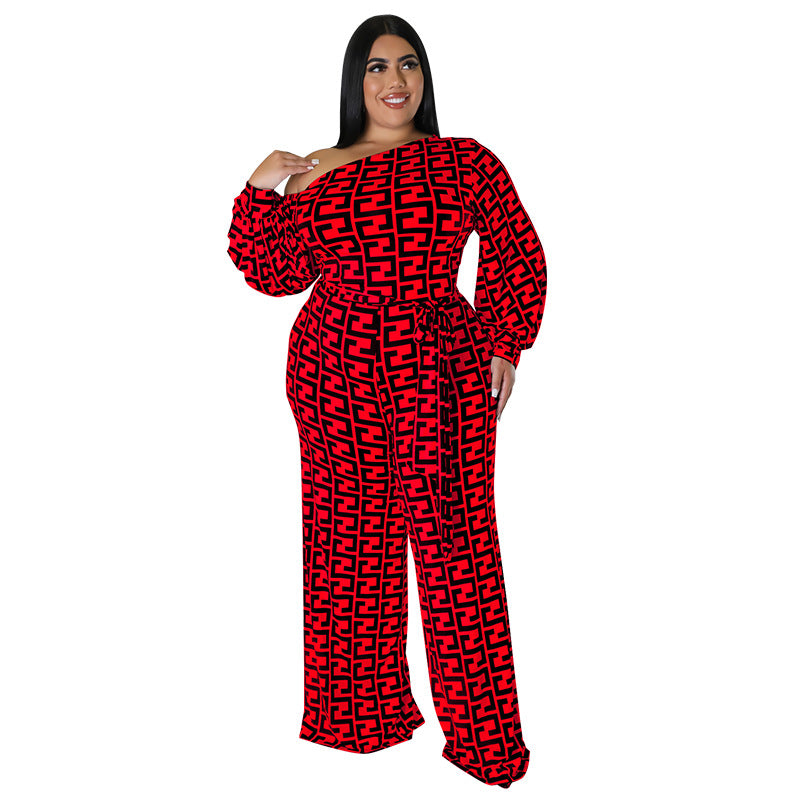 BamBam Plus Size Women's Fall New Fashion Casual Print Long Sleeve Jumpsuit - BamBam Clothing