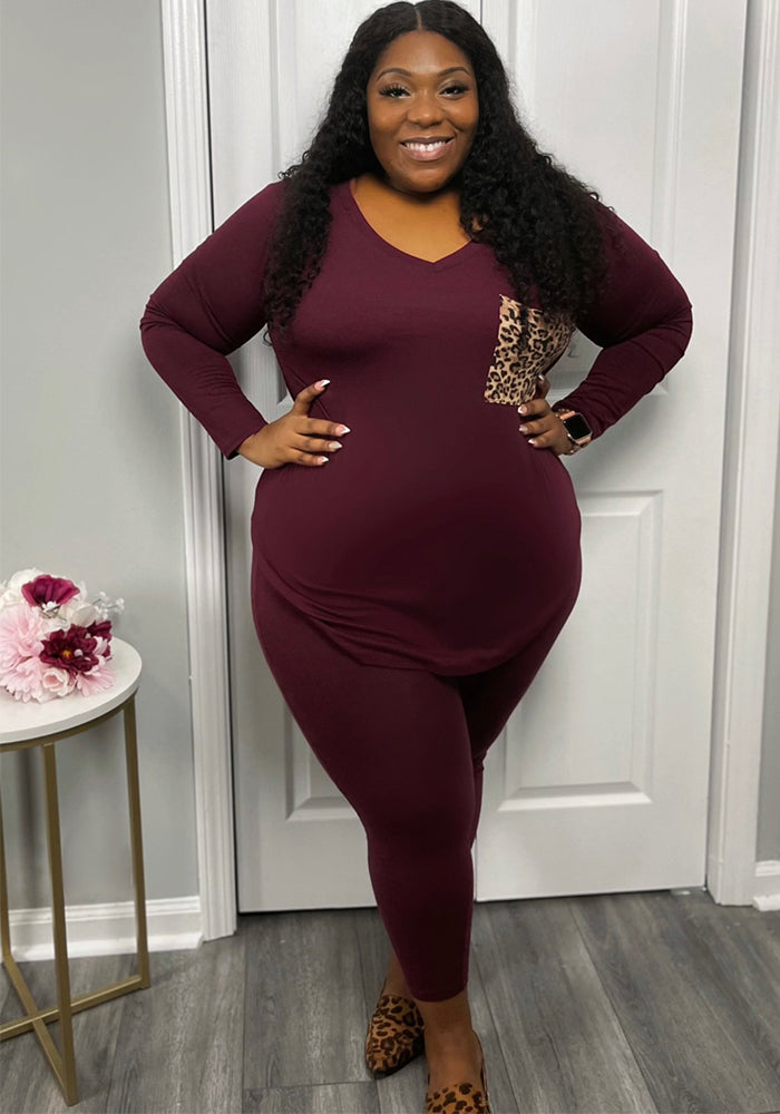 Plus Size Women Casual Leopard Print Pocket Top and Pant Two-piece Set