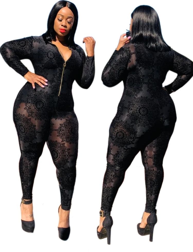 Spring Plus Size Black Floral Long Sleeve Zipper Bodycon Jumpsuit