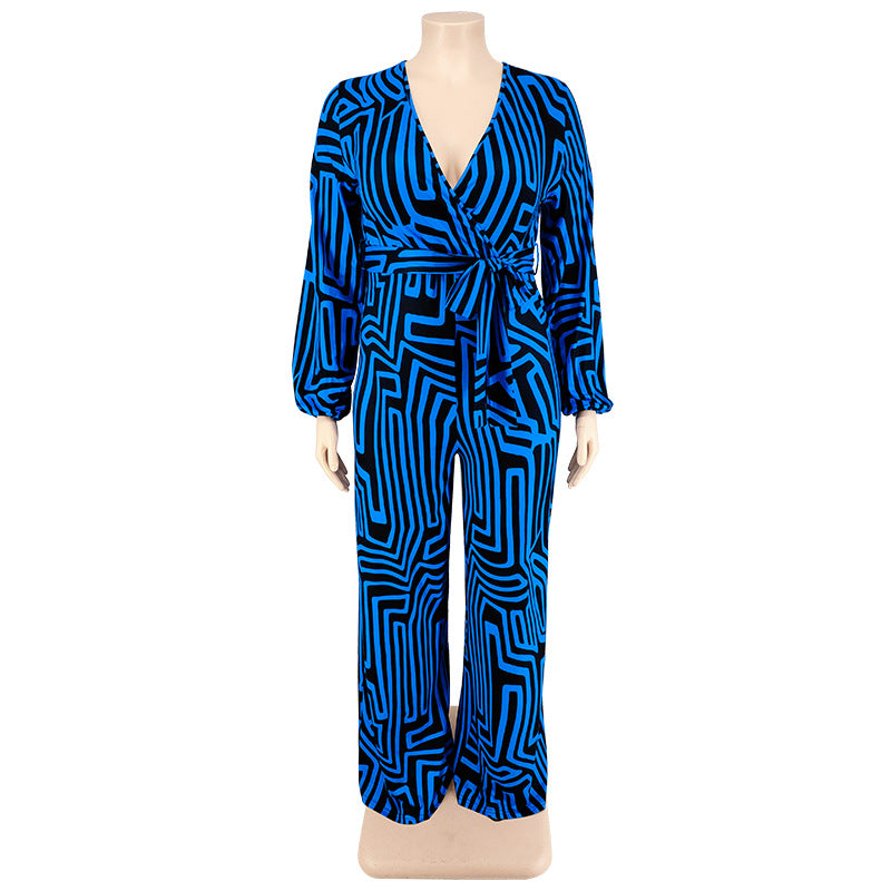 BamBam Plus Size Women'S Print Long Sleeve Wrap Wide Leg Jumpsuit - BamBam Clothing