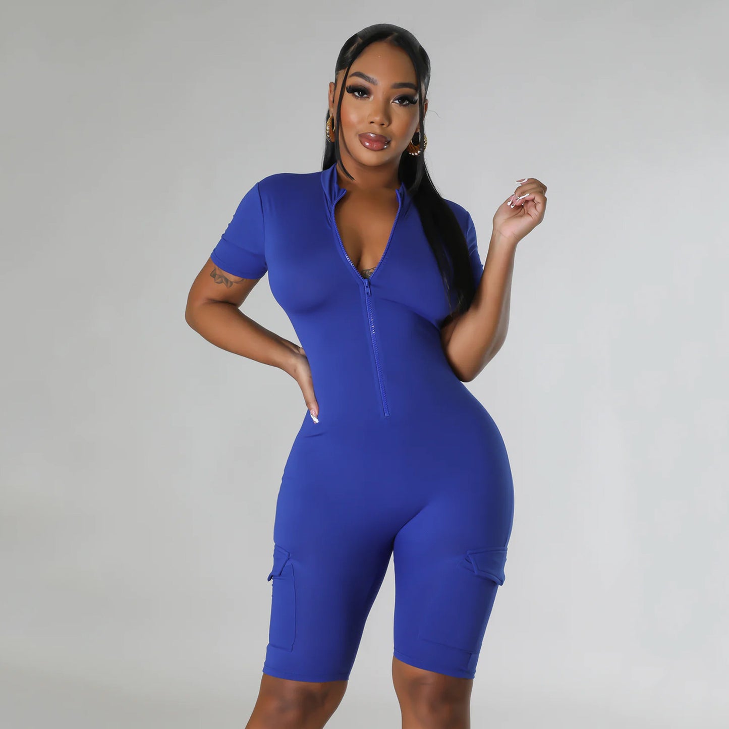 BamBam Summer Women's Sexy Tight Fitting Short Sleeve Solid Color Jumpsuit - BamBam