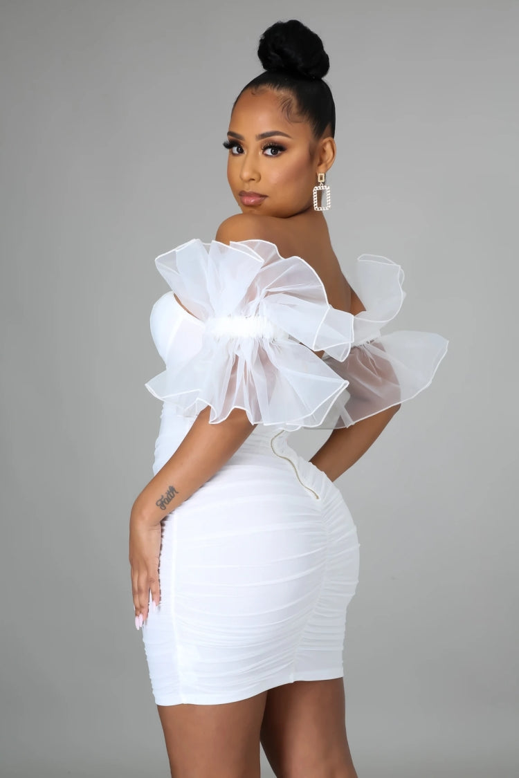 BamBam Summer Sexy White Puffed Lace Short Sleeve Off Shoulder Bodycon Dress - BamBam Clothing