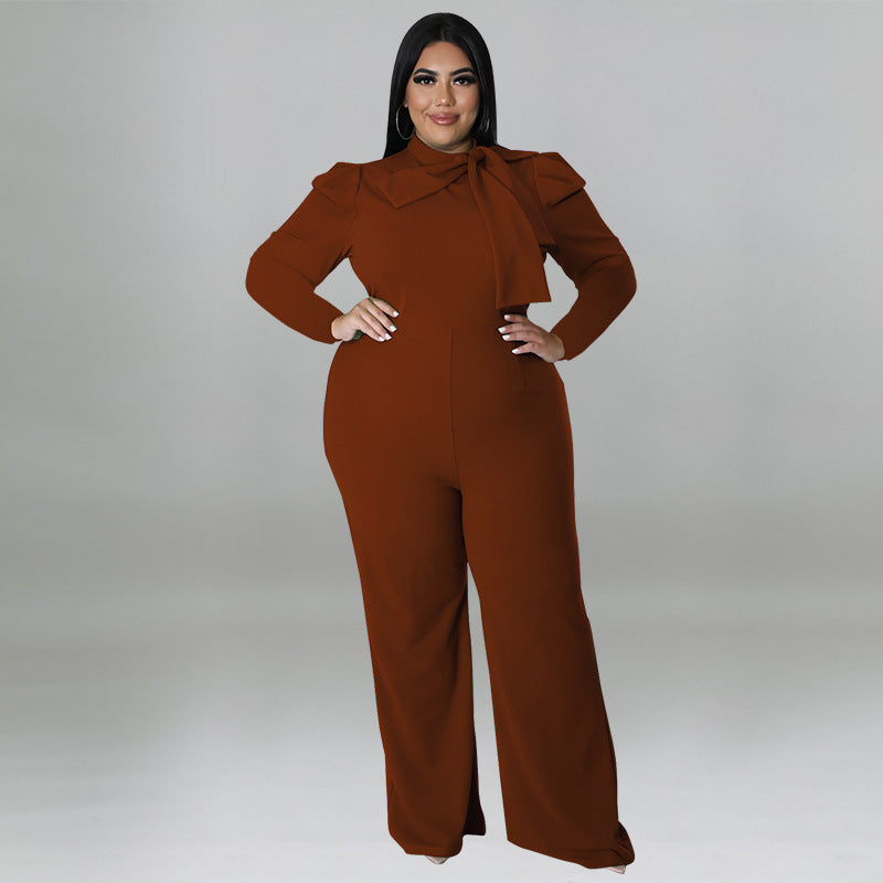 BamBam Plus Size Women Solid Color Bow Long Sleeve Jumpsuit - BamBam Clothing