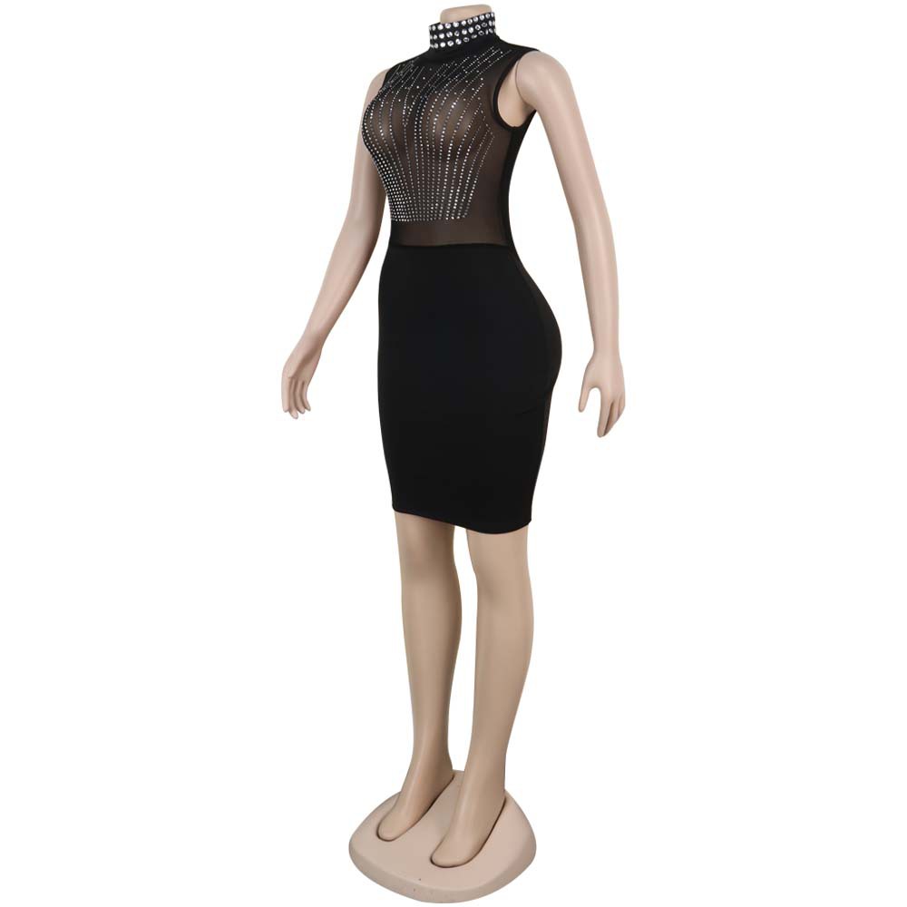 BamBam Women Sexy Beaded See-Through Turtleneck Dress - BamBam Clothing Clothing