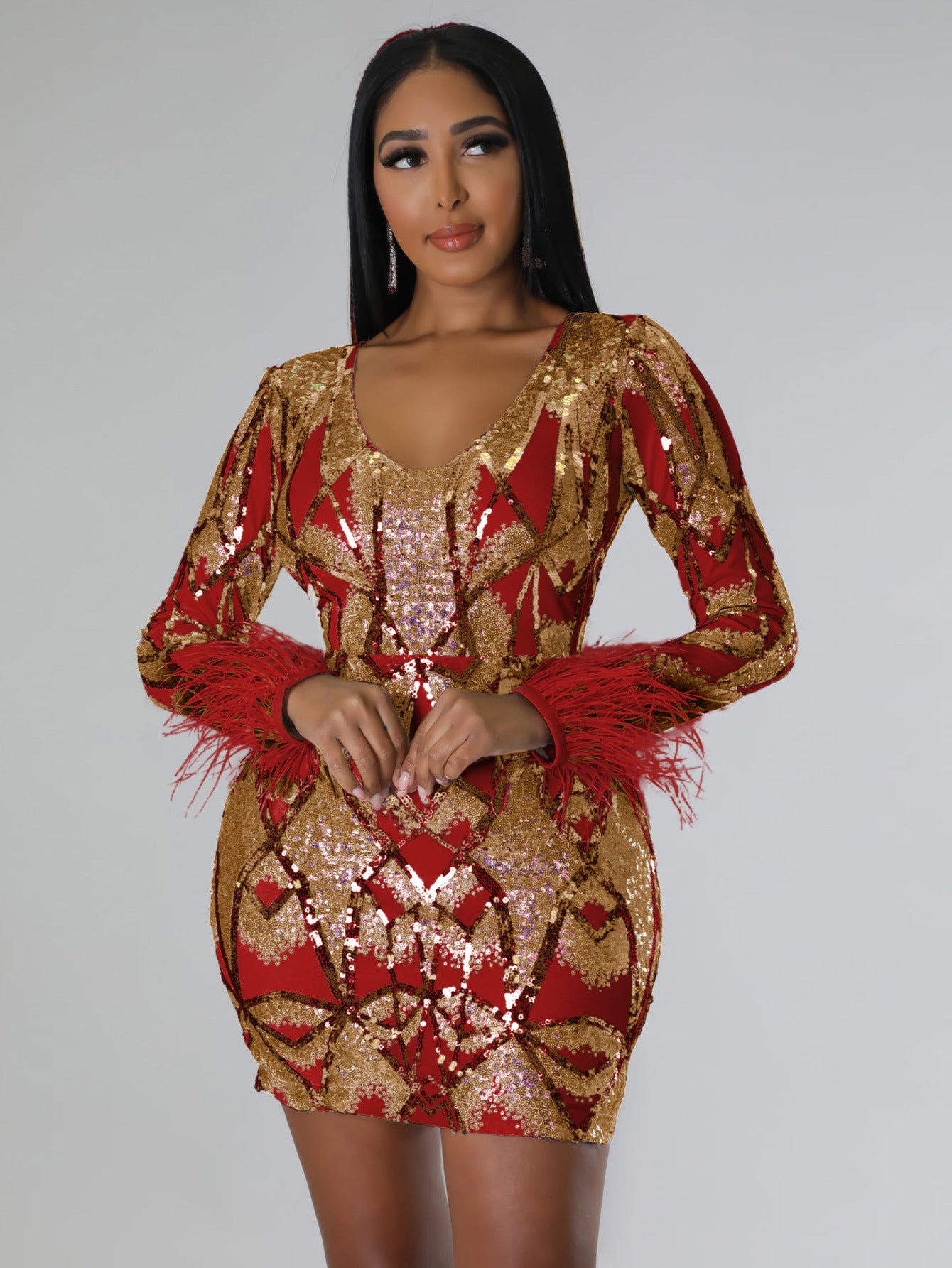 BamBam Women's V Neck Sexy Sequin Long Sleeve Cocktail Fancy Ladies Nightclub Party Dress - BamBam Clothing Clothing