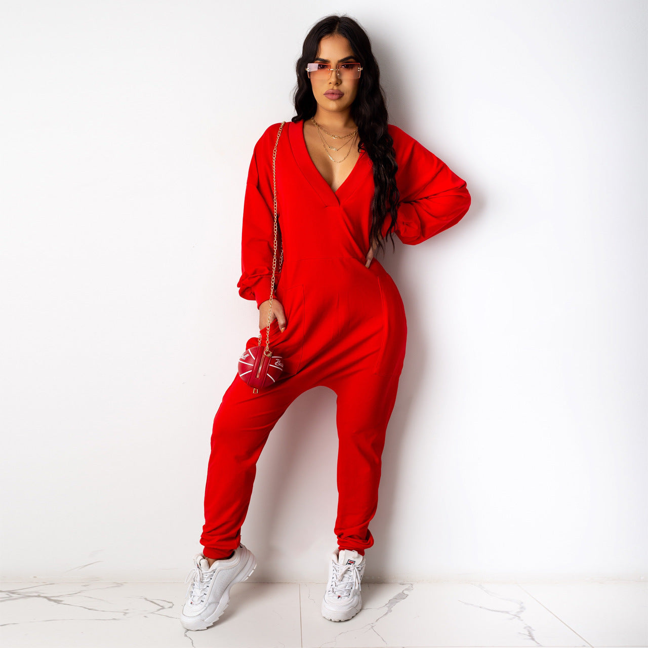 BamBam Women Loose Casual Solid Sexy Deep V Neck Jumpsuit - BamBam Clothing