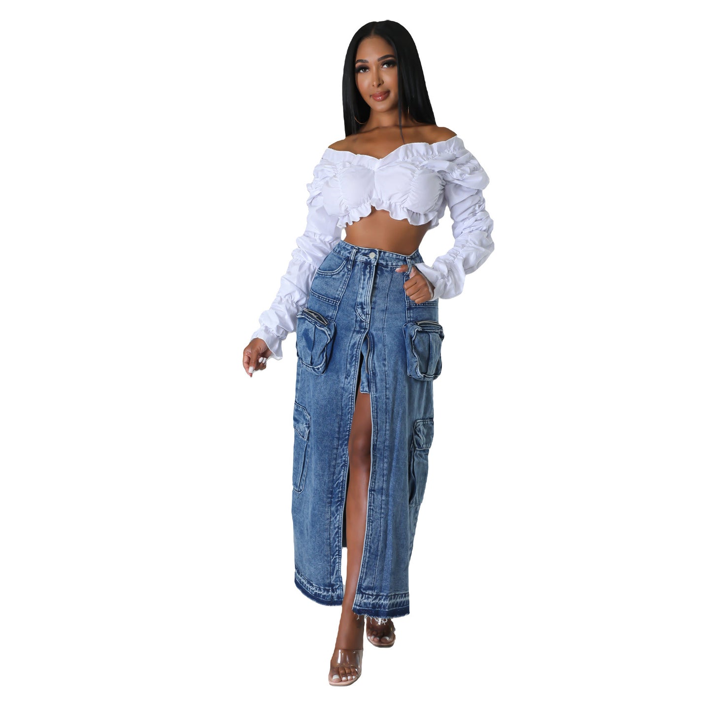 BamBam Women High Waist Slit Cargo Denim Skirt - BamBam