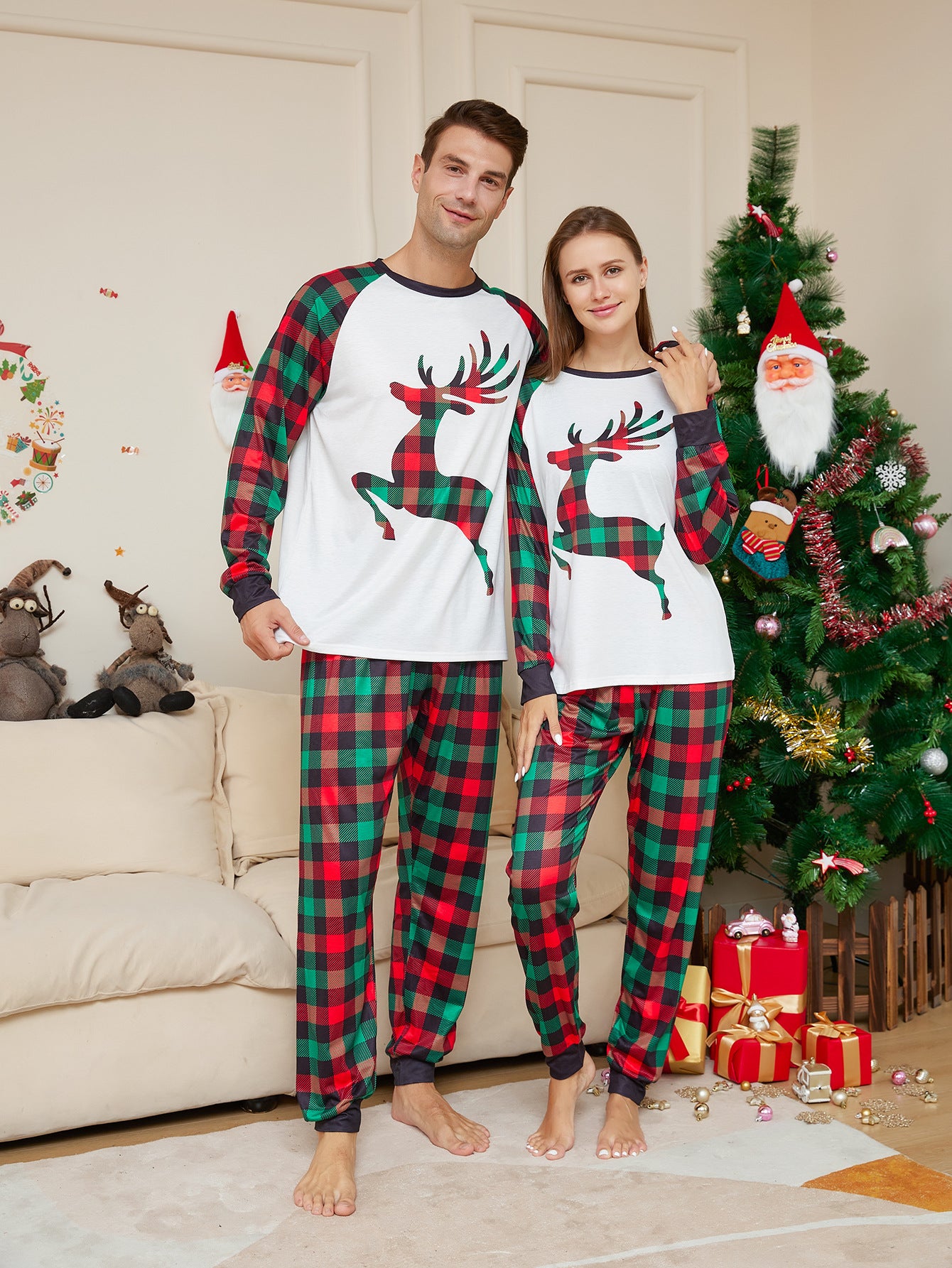 BamBam Christmas cartoon elk plaid print Family Pajama two-piece set - BamBam