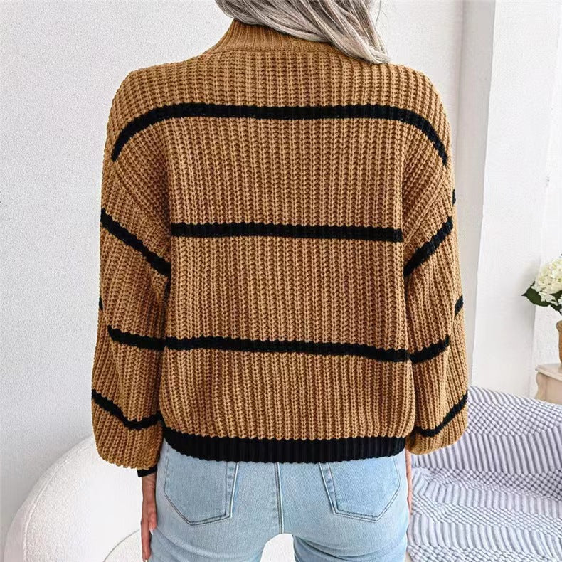 BamBam Autumn And Winter Casual Striped Lantern Sleeve Half Turtleneck Knitting Pullover Sweater For Women - BamBam