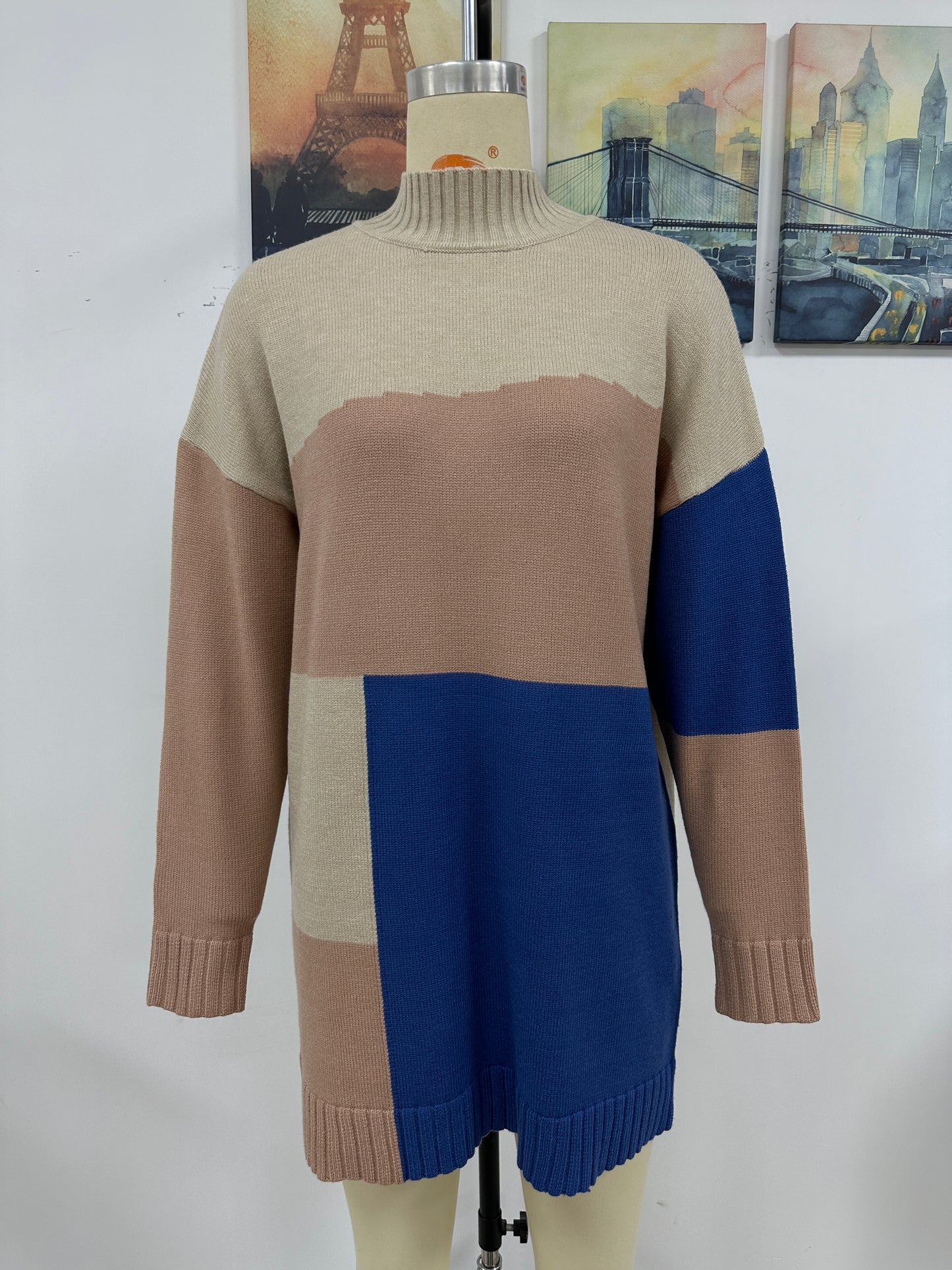 BamBam Plus Size Women Colorblock Round Neck Knitting Sweater Dress - BamBam