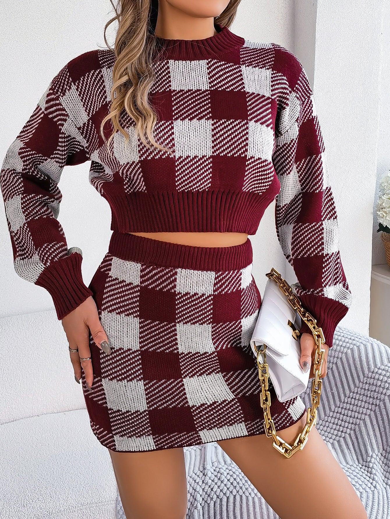 BamBam Women Autumn and Winter Casual Contrast Plaid Long Sleeve Crop Sweater and Bodycon Skirt Two-piece Set - BamBam