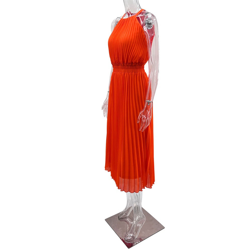BamBam Spring And Summer Solid Color Sleeveless Chiffon Chic Lady Pleated Slim Waist Dress - BamBam Clothing