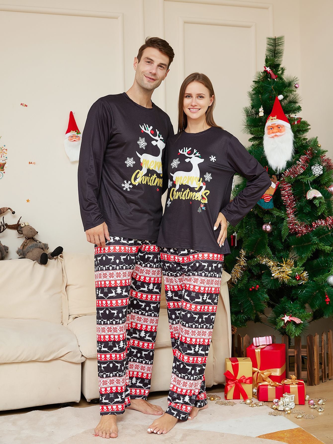 BamBam Christmas Cartoon Elk Letter Round Neck Family Pajama Two-piece Set - BamBam