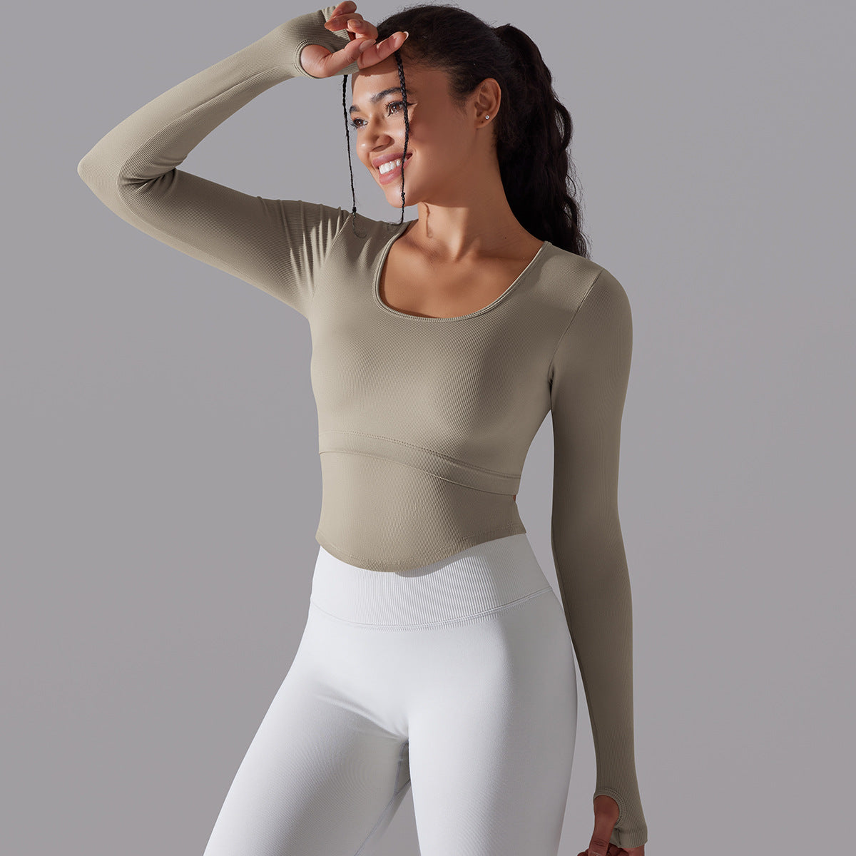 BamBam Seamless Knitting Solid Color Ribbed Sports Yoga Long-Sleeved Running Fitness Yoga Tops For Women - BamBam