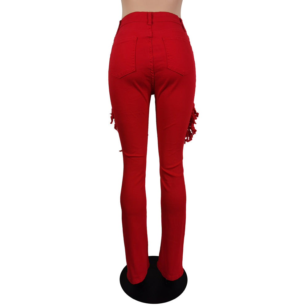 BamBam Women Fall/Winter Style Ripped Bell Bottom Denim Pants - BamBam