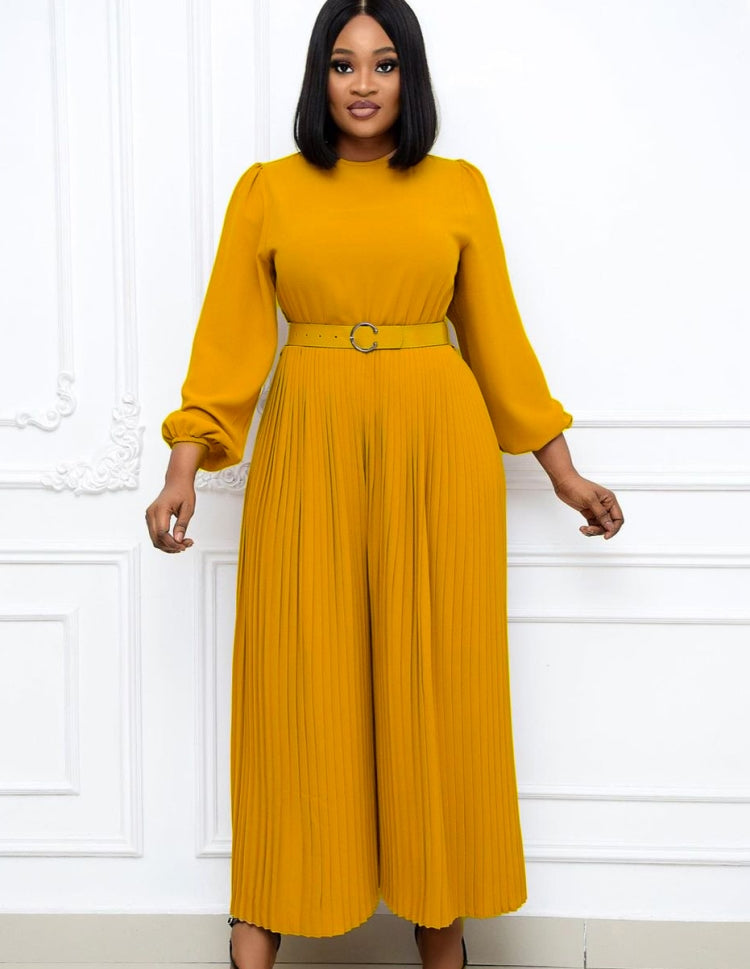 BamBam Spring Plus Size Elegant Yellow Round Neck Long SLeeve Pleated Loose Jumpsuit with Belt - BamBam Clothing