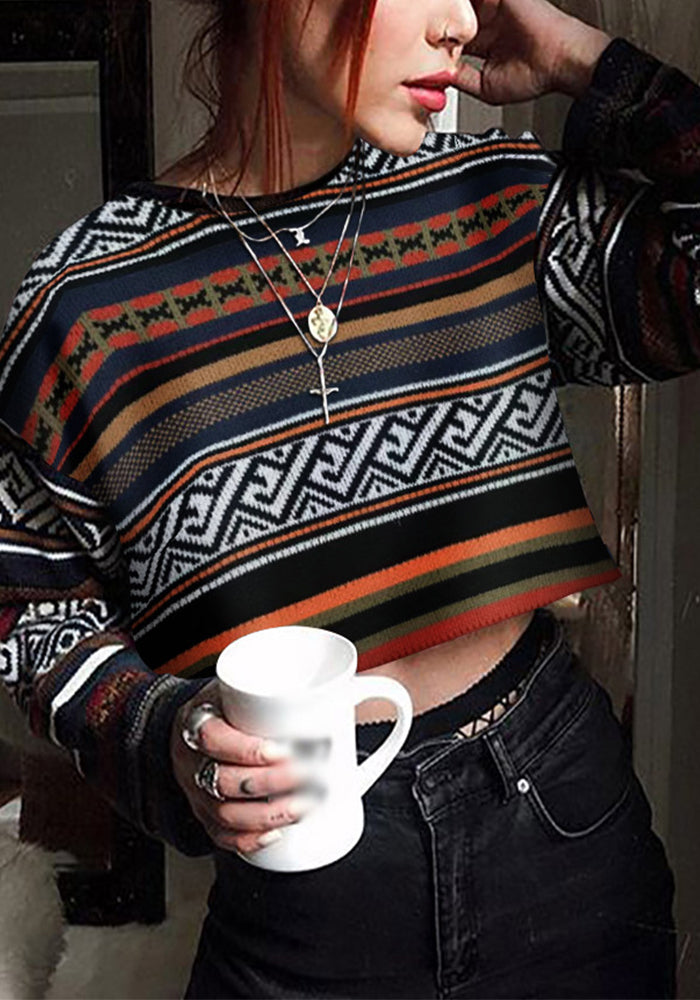 Autumn Winter Women's Fashion Sweater Color block Crop Round Neck Long Sleeve Top Women