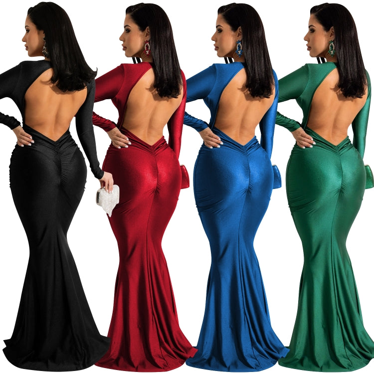 BamBam Women Spring Black Formal V-neck Full Sleeves Solid Satin Backless Mermaid Evening Dress - BamBam Clothing