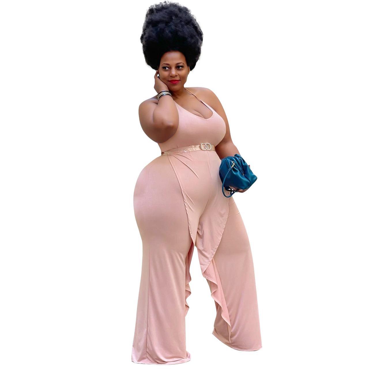 BamBam Plus Size Women's Solid Color Sexy Sling Ruffle Drape Jumpsuit - BamBam Clothing