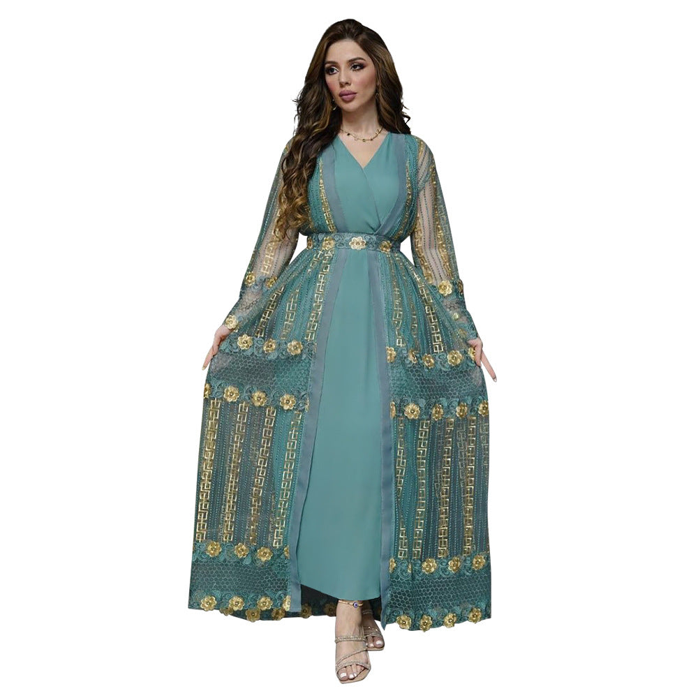 BamBam Embroidered mesh jacket with chiffon sundress suit kaftan dress - BamBam