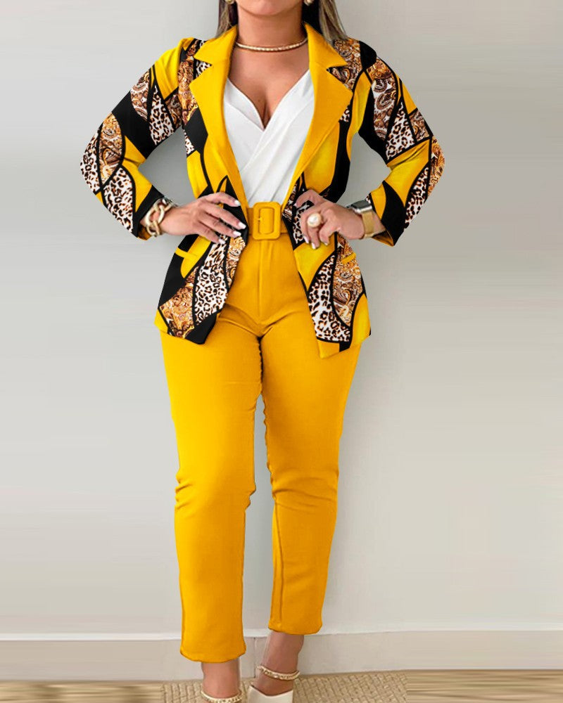 BamBam Women autumn and winter Blazer and trousers two-piece set with belt - BamBam Clothing