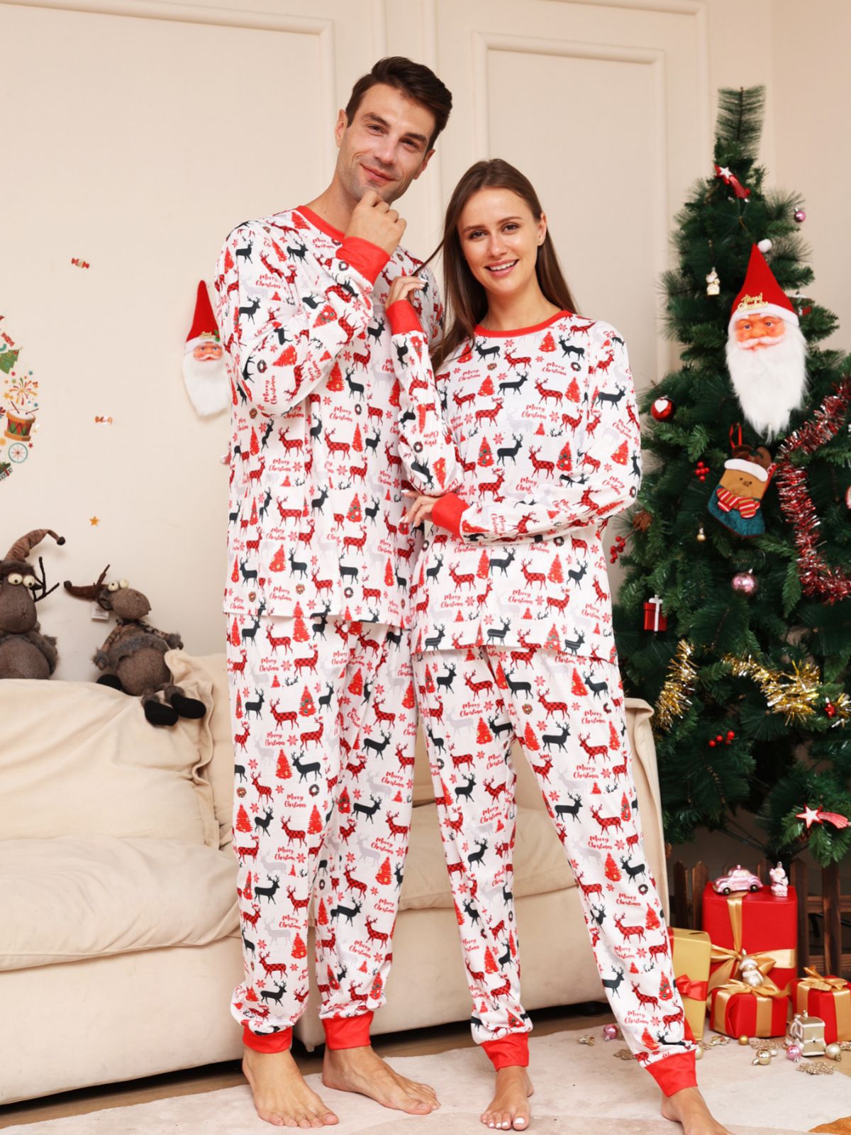 BamBam Christmas Family Wear Letter Cartoon Deer Printed Home Clothes Pajama Two-piece Set - BamBam