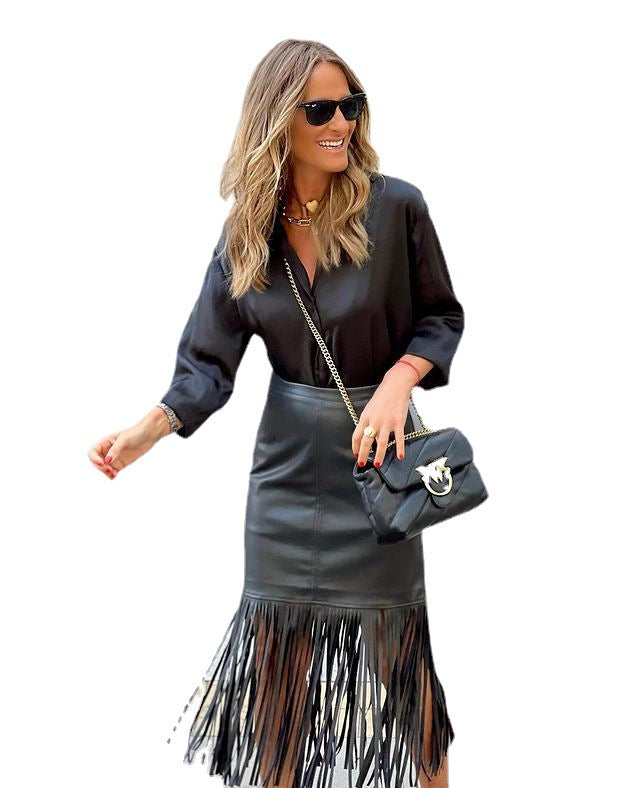 BamBam Street Trend Fall/Winter Tassel Patchwork Leather Skirt - BamBam