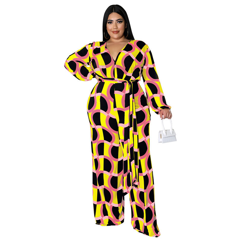 BamBam New Fashion Plus Size Women'S Fall Long Sleeve Print Casual Wide Leg Jumpsuit - BamBam Clothing