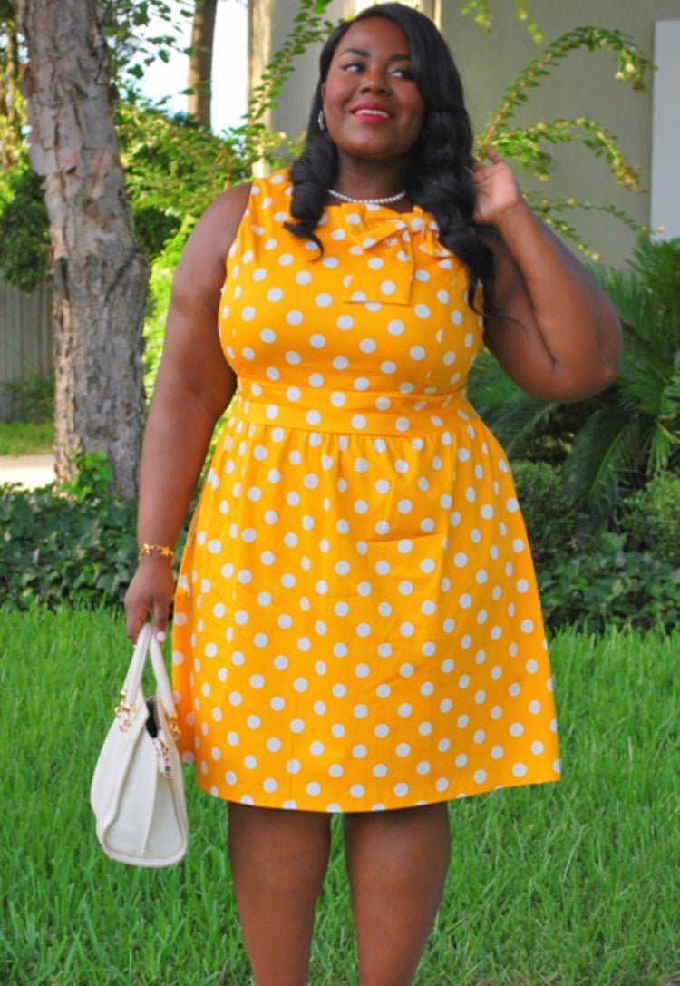 BamBam Women Summer Yellow Sweet O-Neck Sleeveless Dot Print Midi A-line Plus Size Casual Dress - BamBam