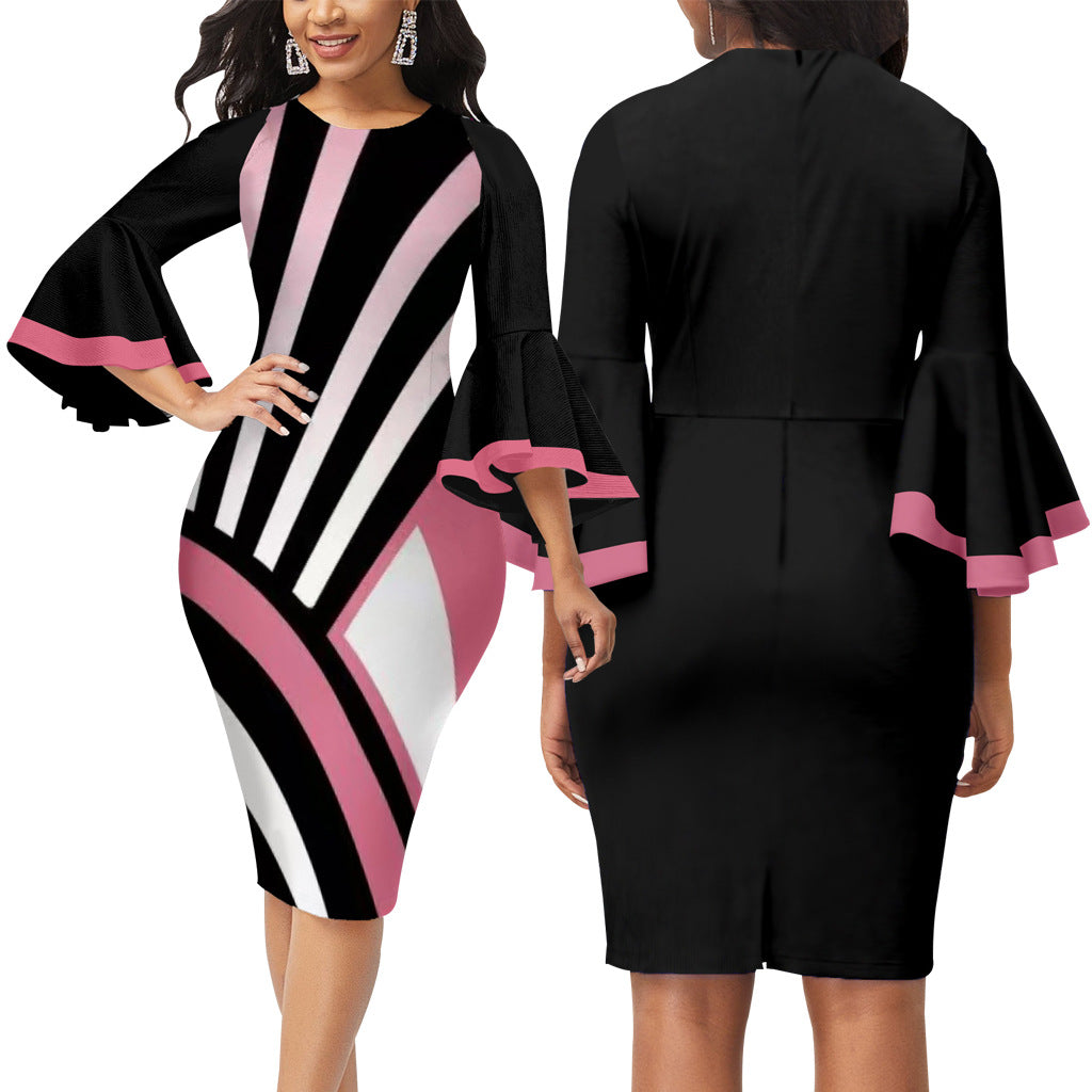 BamBam Sexy Fashion Digital Print Bell Bottom Sleeve Women's Dress - BamBam