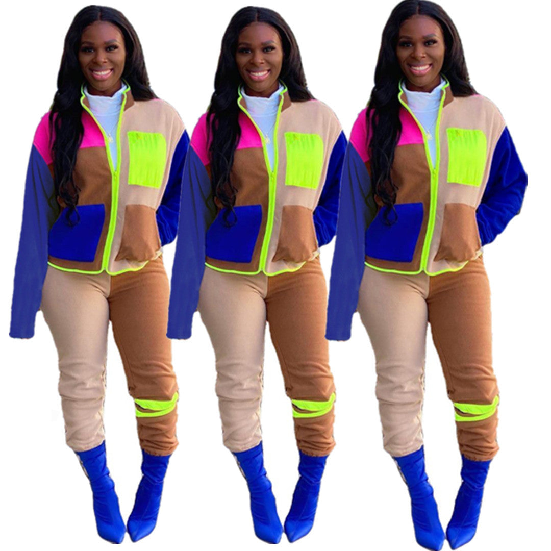 BamBam Women contrast color long-sleeved jacket and pant two-piece set - BamBam