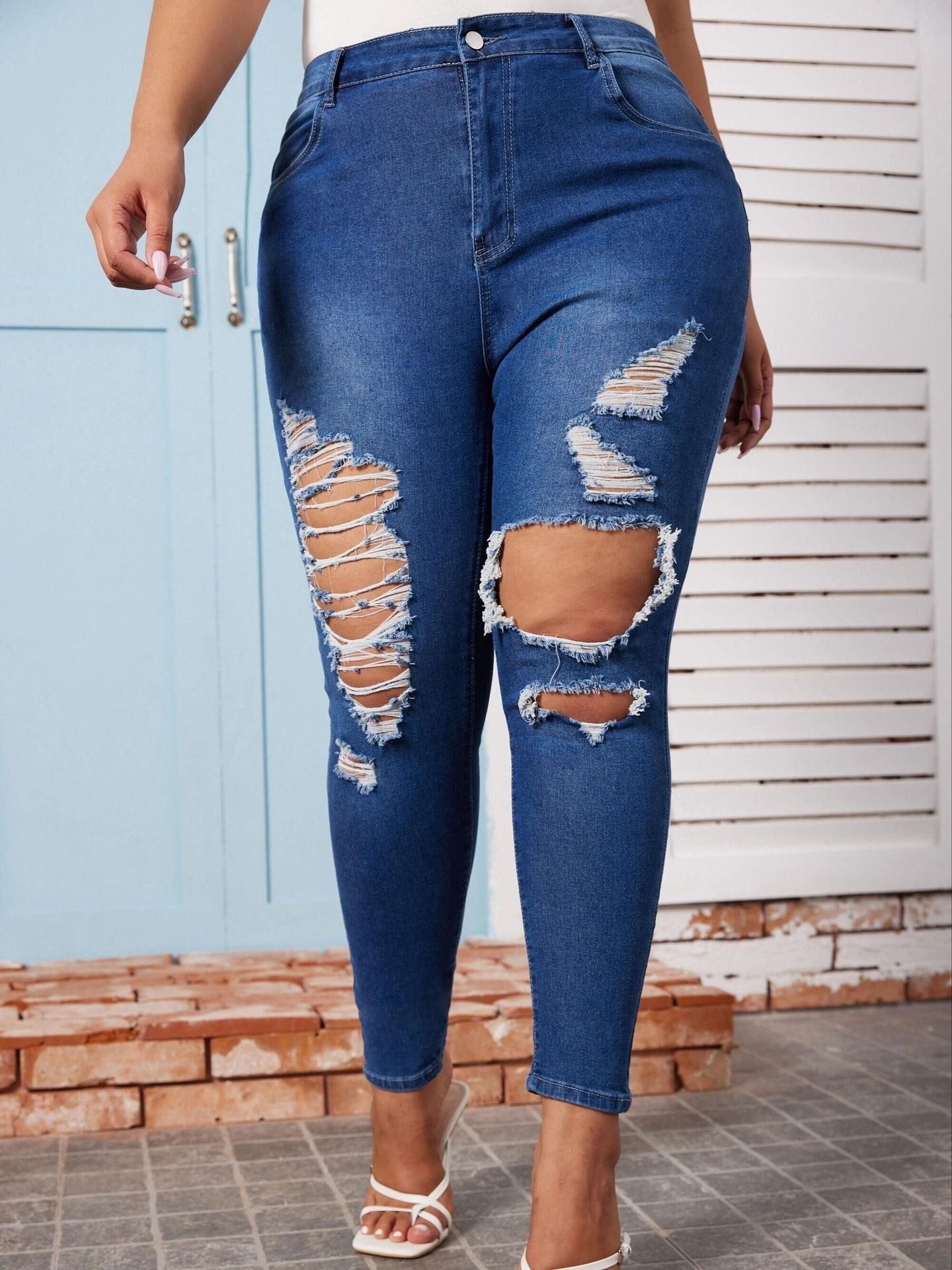 BamBam Plus Size Women Fall Ripped Denim Pants - BamBam