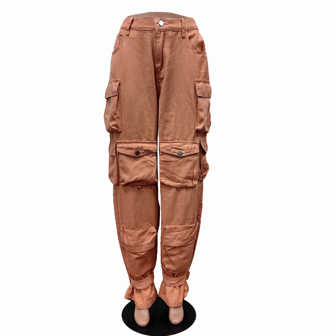 BamBam Denim Cargo Pants Casual Multi-Pocket Solid Color Straight Denim Trousers - BamBam