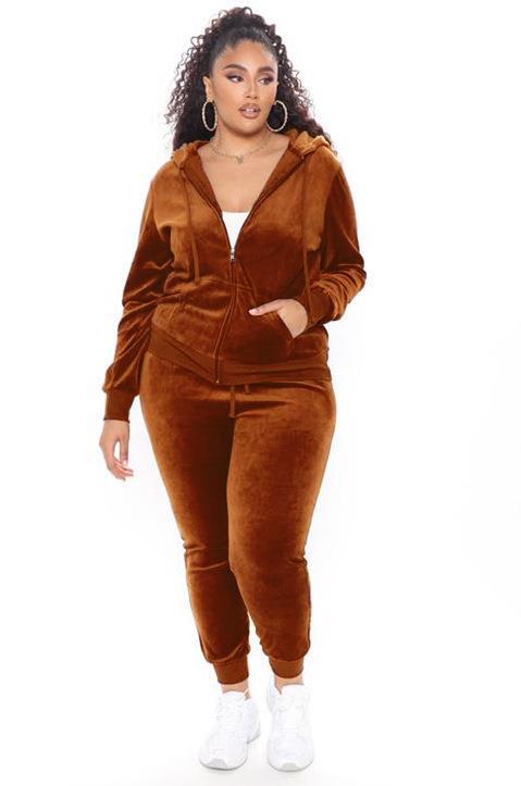 BamBam Plus Size Women Fall/Winter Solid Velvet Casual Top and Pant Two-piece Set - BamBam