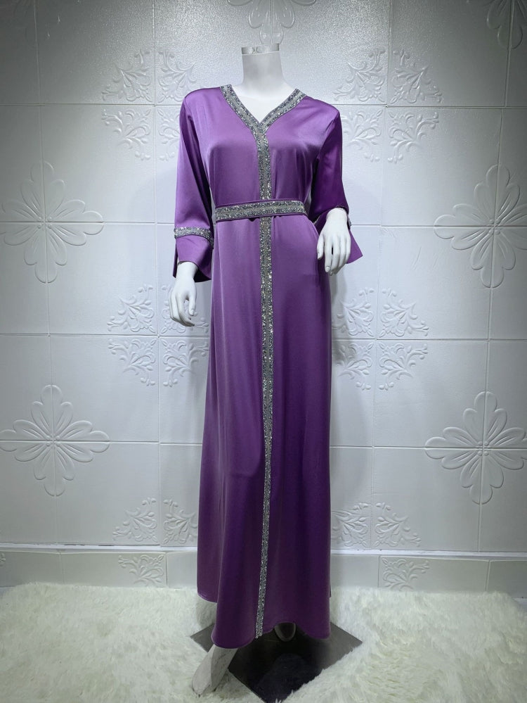 BamBam Arab Dubai Arab Middle East Turkey Morocco Islamic Clothing Kaftan Abaya Embroided Muslim Dress Purple - BamBam