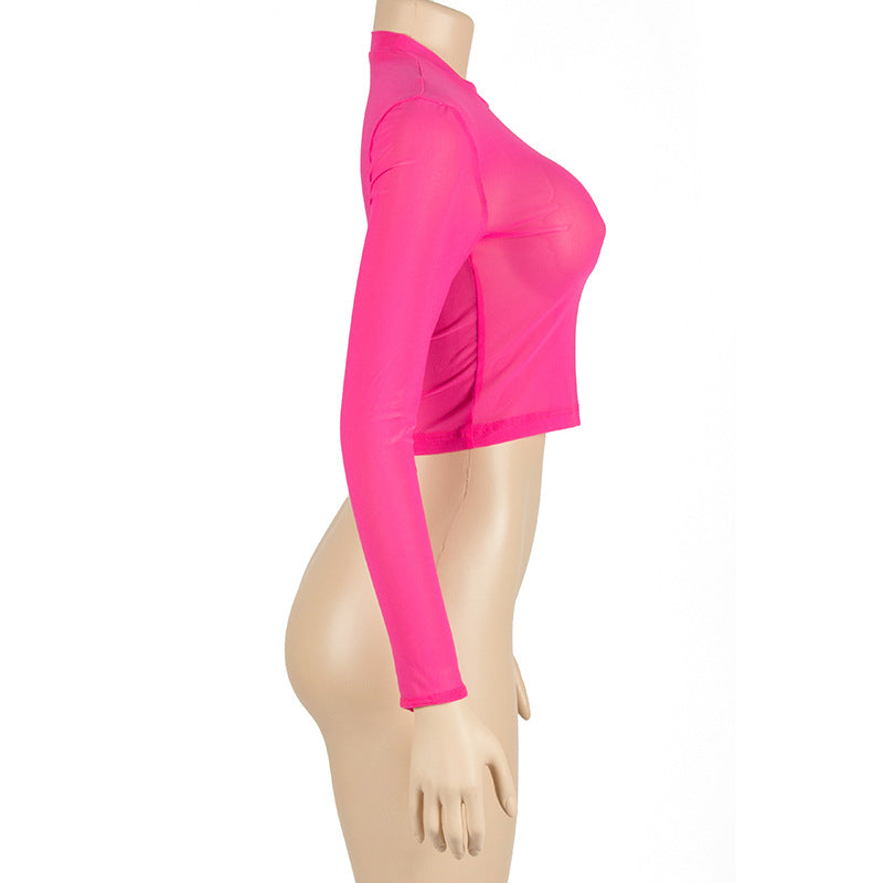 BamBam Women Summer Sexy Solid Round Neck Mesh See-Through Long Sleeve Crop Top - BamBam