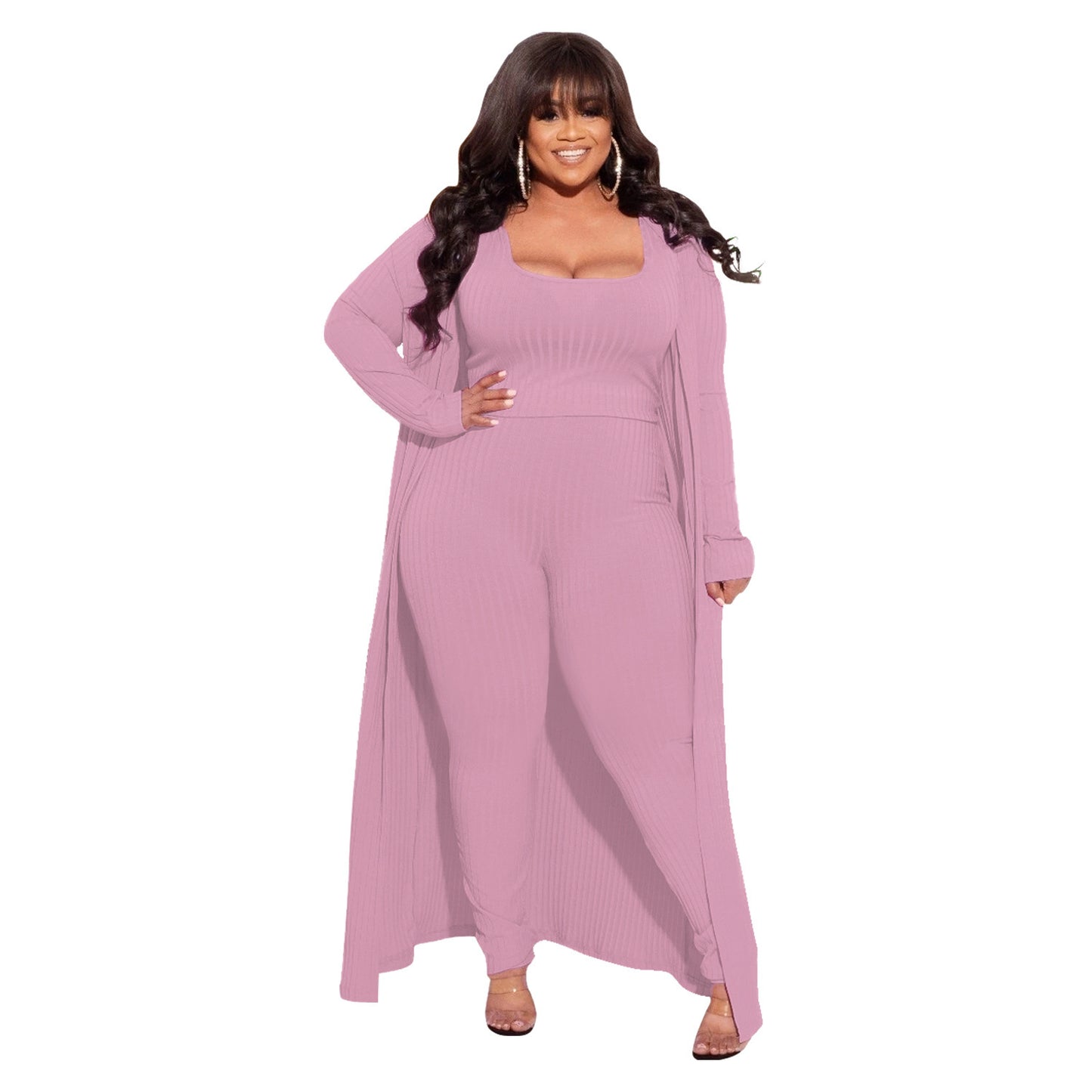 BamBam Autumn And Winter High Stretch Ribbed Three-Piece Plus Size Fashionable And Sexy Pants Set - BamBam