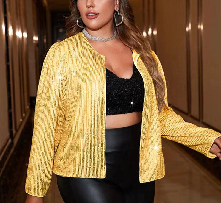 BamBam Plus Size Women Solid Sequin Round Neck Long Sleeve Jacket - BamBam Clothing