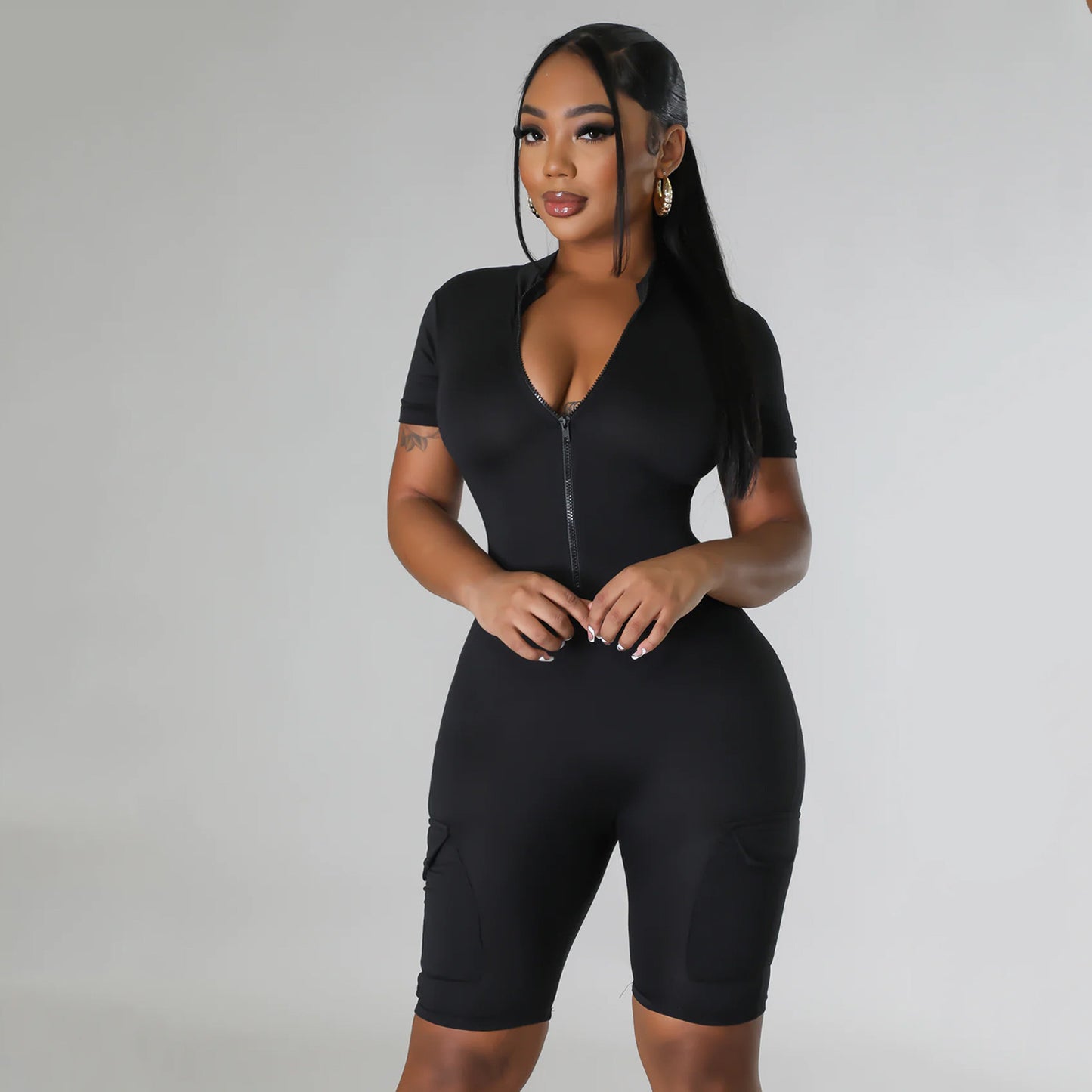 BamBam Summer Women's Sexy Tight Fitting Short Sleeve Solid Color Jumpsuit - BamBam