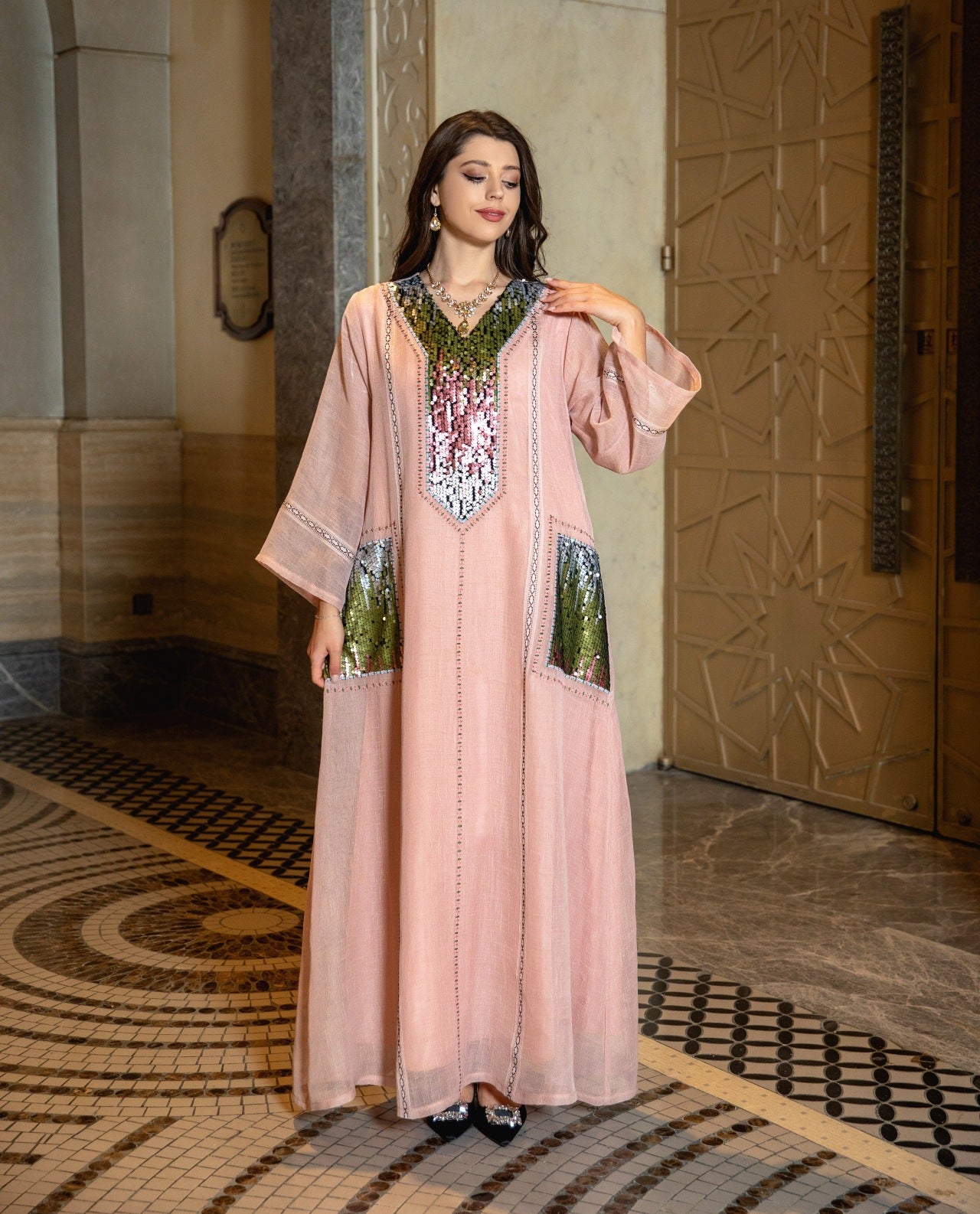 BamBam Jalabiya Dubai Sequin Embroidered Robe Ramadhan Muslim Women Clothing Indonesia Abaya - BamBam