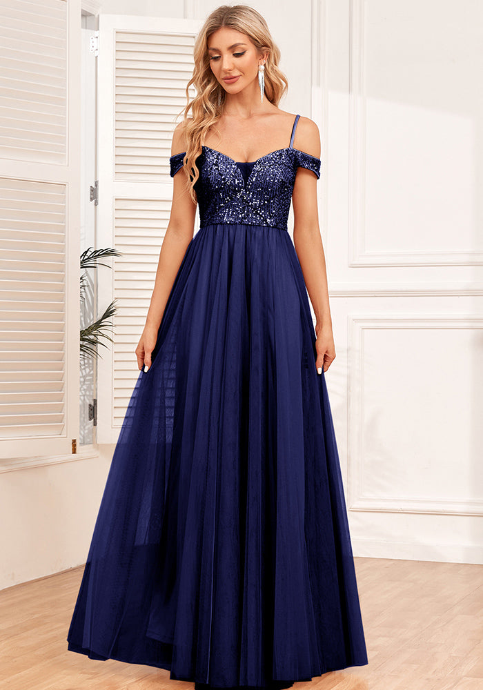 Off-Shoulder Straps Sequin Mesh Patchwork Elegant Party Dress