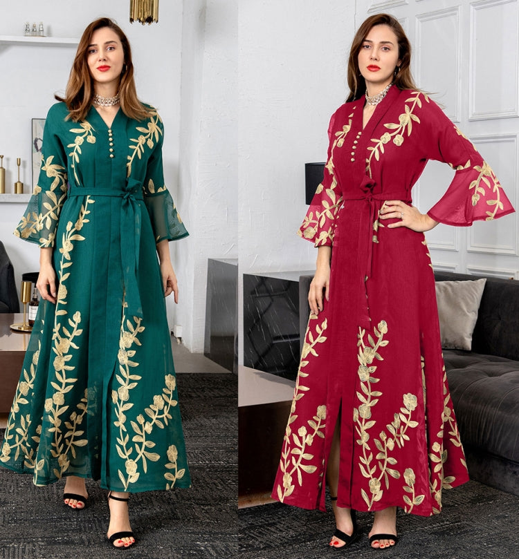 BamBam Women Summer Red Arab Dubai Middle East Turkey Morocco Floral Print Sequined Islamic Clothing Kaftan Abaya Muslim Dress - BamBam