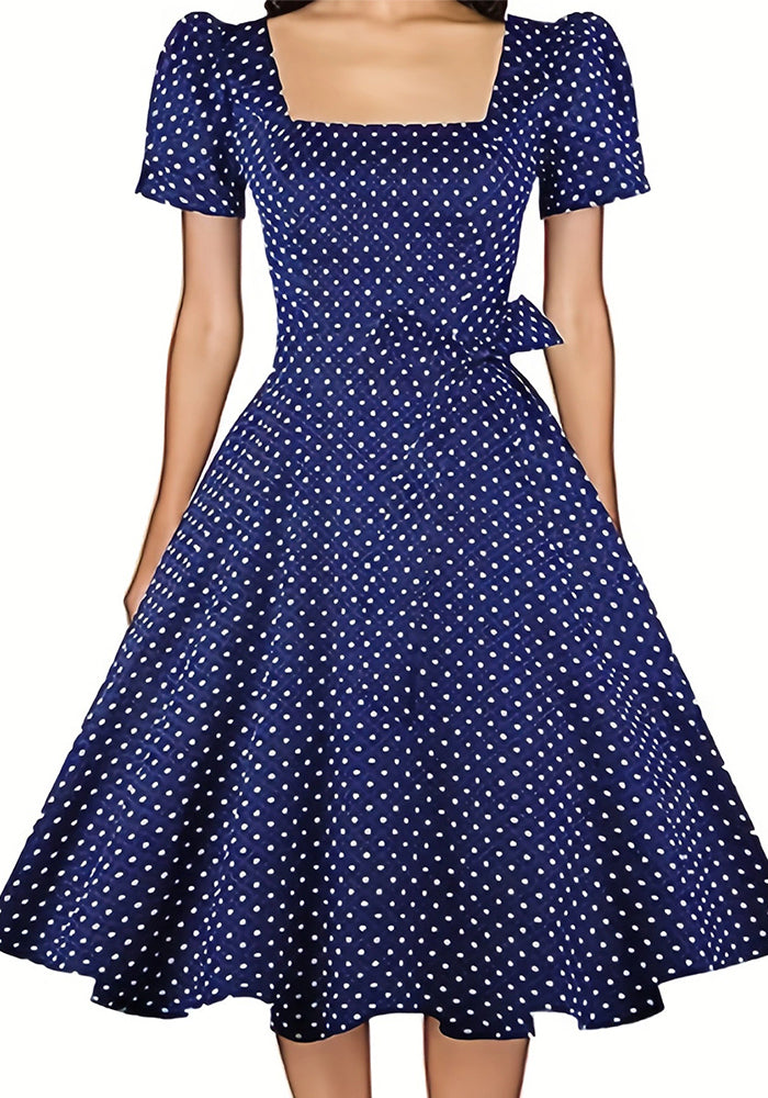 Women's Polka Dot Belted Slim Waist Puff Sleeve Retro Swing Dress