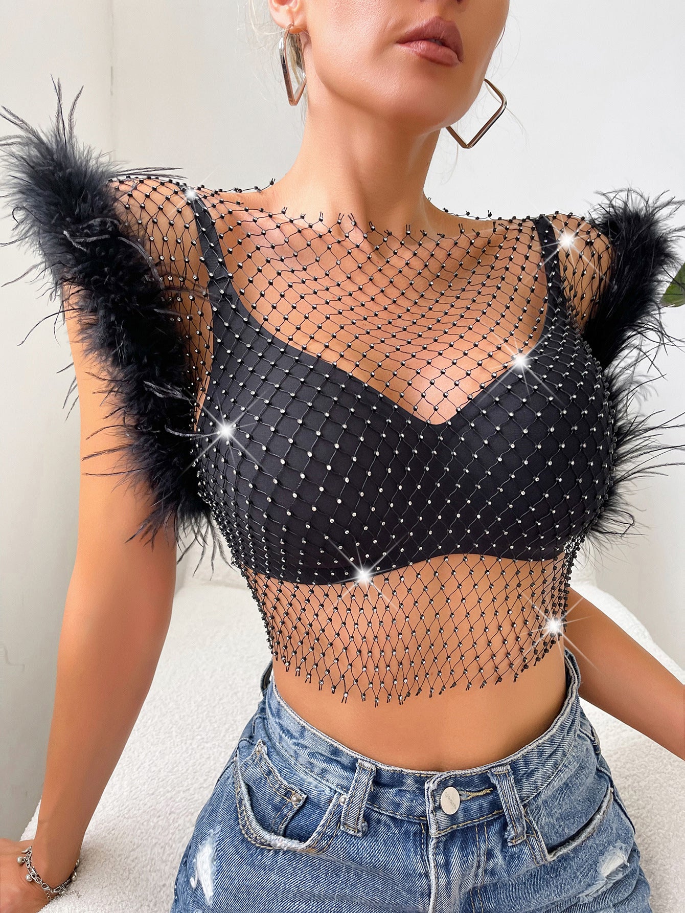 BamBam Slim Fit Diamond Flash Nightclub Style Sexy Rhinestone Fishnet Top - BamBam