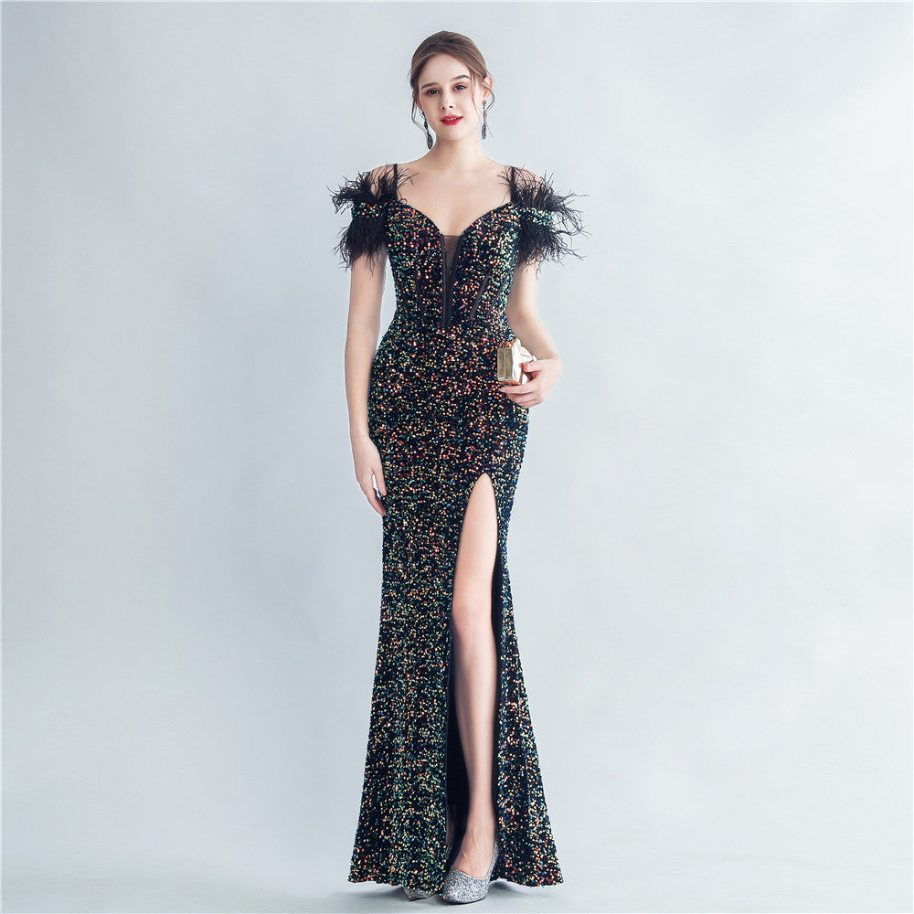 BamBam Women Herringbone ostrich velvet sequined mermaid evening dress - BamBam Clothing