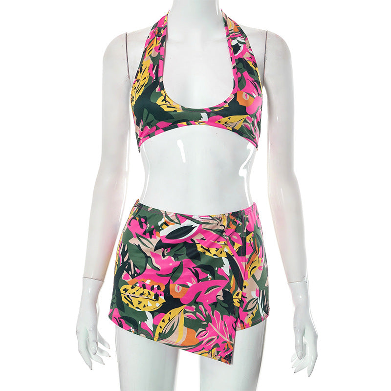 BamBam Women's Summer Printed Bikini Set Halter Neck Top Shorts Beachwear - BamBam