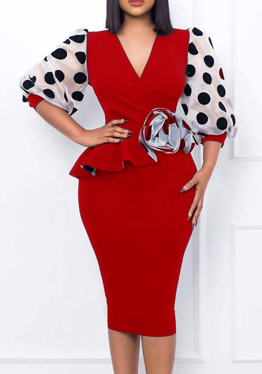 Plus Size Women'S Fashion Dot Mesh Patchwork V Neck Chic Career Bodycon Dress