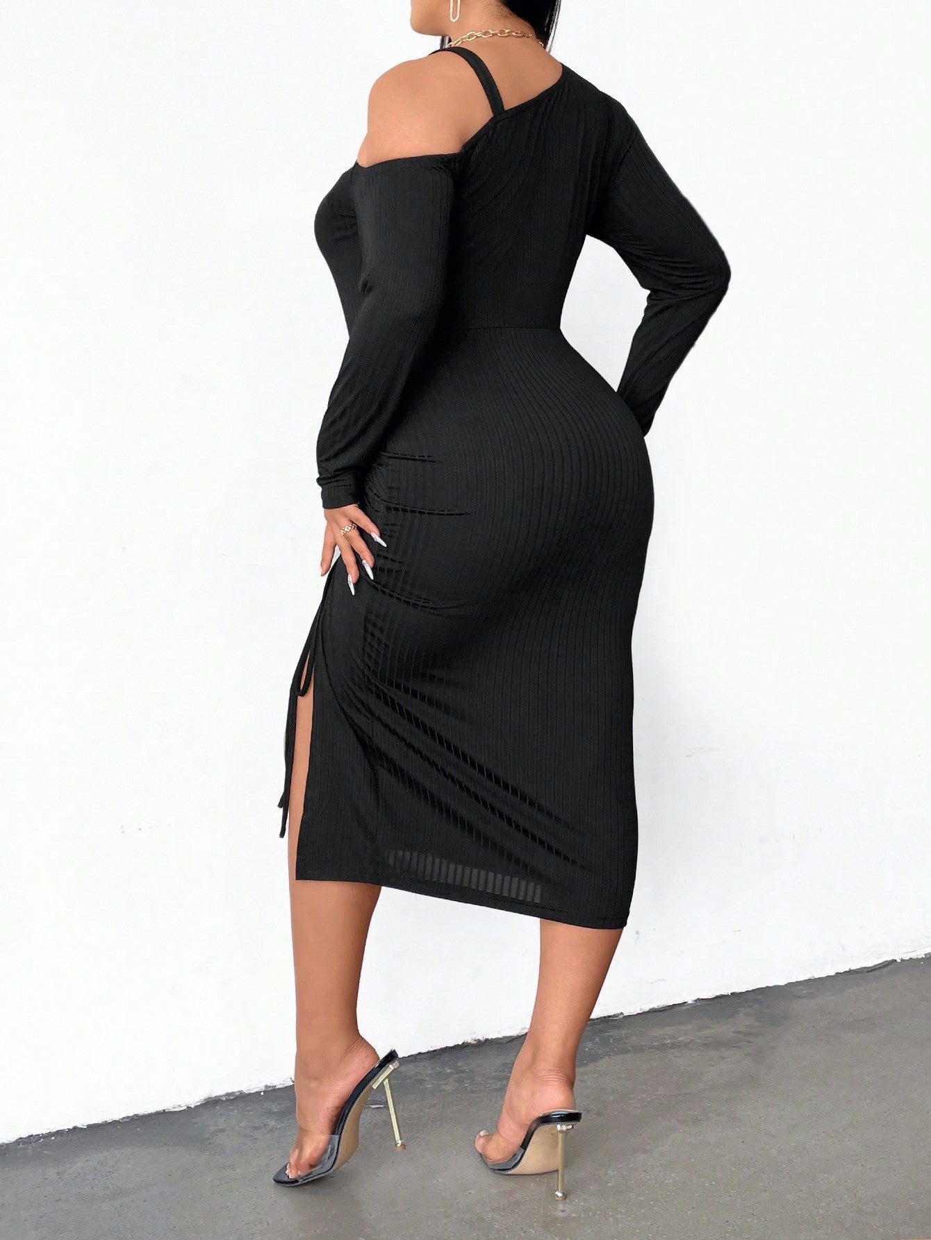 BamBam Plus Size Women's Slash Shoulder Long Sleeve Slim Fit Drawstring Irregular Bodycon Sexy Dress - BamBam